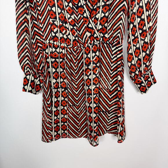 Parker XS Red Cream Black Geometric Print Silk Long Sleeve Surplice Neck Dress - Picture 4 of 8